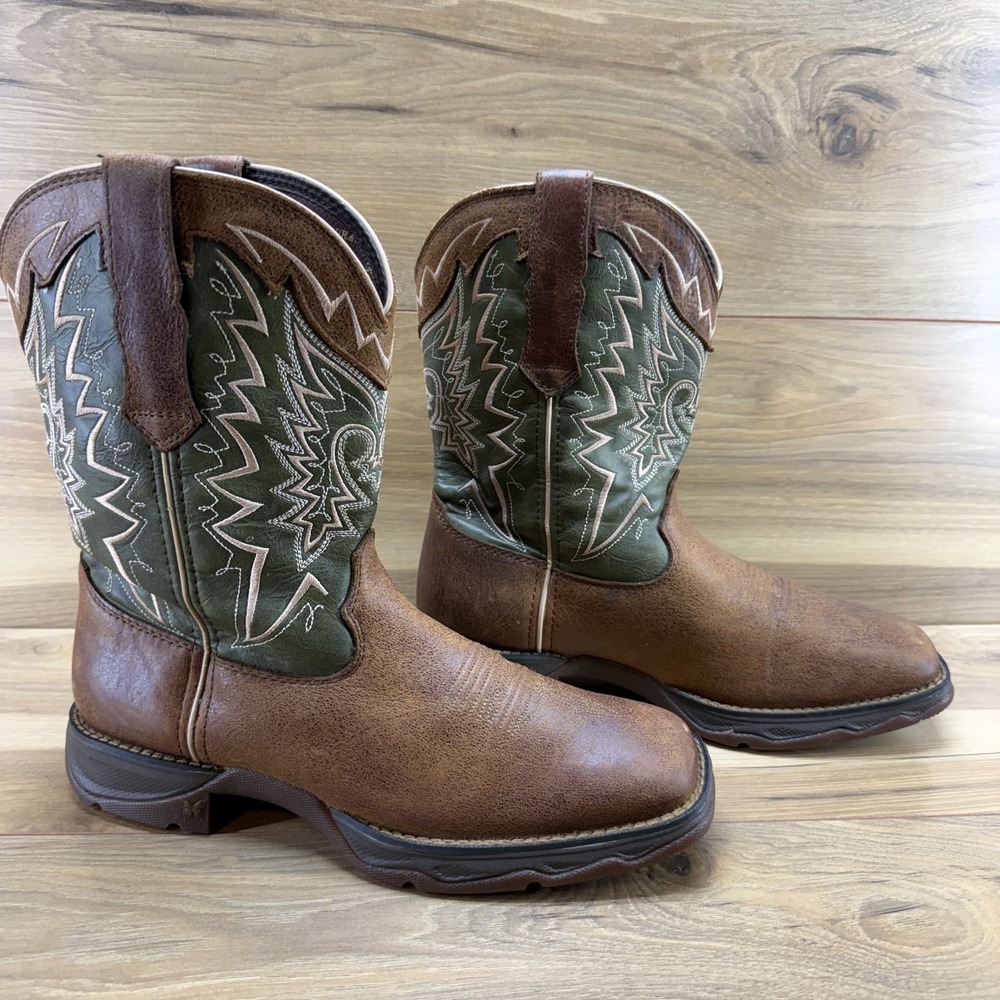 Durango 10" Western Boots Womens 9 M Brown Leather Square Toe Brown Green Rodeo